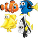 Four colorful cartoon fish characters from the animated film Finding Nemo, including an orange clownfish, a blue tang fish, a yellow longnose butterflyfish, and a black-and-white moorish idol fish, all with cheerful expressions.
