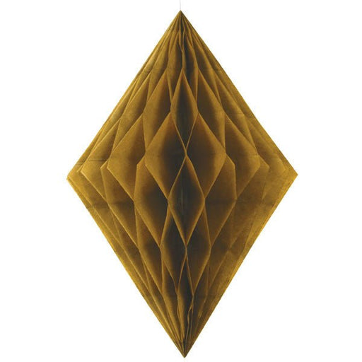 Gold diamond-shaped hanging paper decoration with a honeycomb design.
