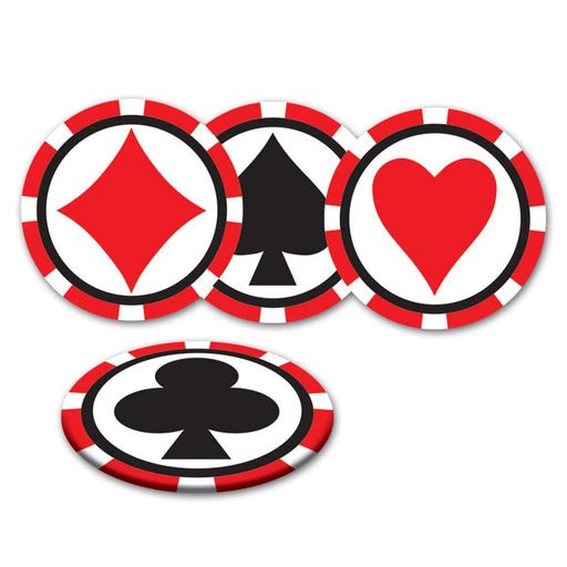 Set of four round poker chips with red and white edges, each featuring a different black or red playing card suit symbol in the center: diamond, spade, heart, and club.