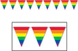 Triangular pennant banner with horizontal rainbow stripes in red, orange, yellow, green, blue, and purple, strung together on a white string, with a close-up inset showing three pennants.