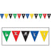 Multi-colored pennant banner featuring triangular flags in green, red, black, blue, and yellow, each with a white silhouette of an Olympic-style sports icon, including gymnastics, cycling, and athletics, arranged in a repeating pattern.