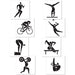 Black sports icon cutouts featuring various athletic activities, including running, cycling, gymnastics, volleyball, weightlifting, and diving.