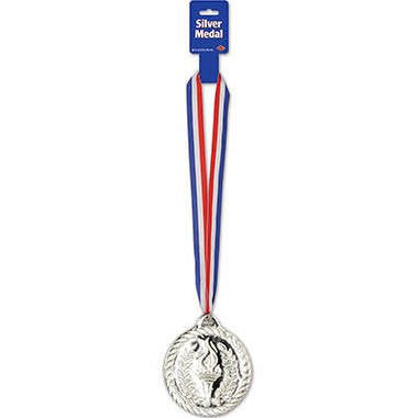 Silver medal with a red, white, and blue neck ribbon attached, hanging vertically in packaging labeled Bronze Medal