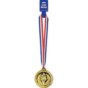 Gold medal with a red, white, and blue neck ribbon attached, hanging vertically in packaging labeled Bronze Medal