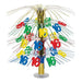 Table centerpiece with metallic gold sprays and multicolored number 16 cutouts in red, blue, and green