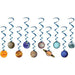 Ten blue hanging swirl decorations, each with a different planet cutout including the Sun, Mercury, Venus, Earth, Mars, Jupiter, Saturn, Uranus, and Neptune.