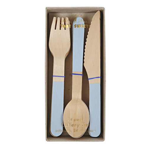 Set of three wooden utensils with light blue handles in a cardboard box, including a fork, spoon, and serrated knife.