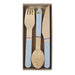Set of three wooden utensils with light blue handles in a cardboard box, including a fork, spoon, and serrated knife.