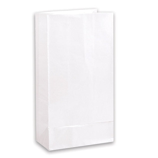 White rectangular paper bag standing upright, with a flat bottom and neatly creased edges.