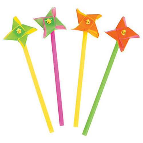 Set of four colorful plastic pinwheels with stems in yellow, pink, green, and orange, each topped with a bright spinning pinwheel.