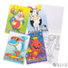 Four small children's coloring books with illustrated covers featuring a clown holding balloons, a cow, a shark, and a dragon, with one book open showing a black-and-white drawing inside.