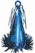 Metallic blue cone-shaped balloon weight with circular cutout accents, topped with matching blue foil streamers and a loop for securing balloons, and surrounded by shiny blue fringe at the base.