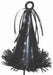 Metallic black cone-shaped balloon weight decorated with crescent moons, stars, and circles, topped with black and silver foil streamers and a loop for tying balloons, with shiny black fringe around the base.