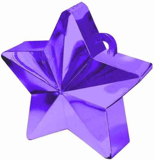 Metallic purple star-shaped balloon weight with a glossy reflective surface and a loop at the top for attaching balloons.