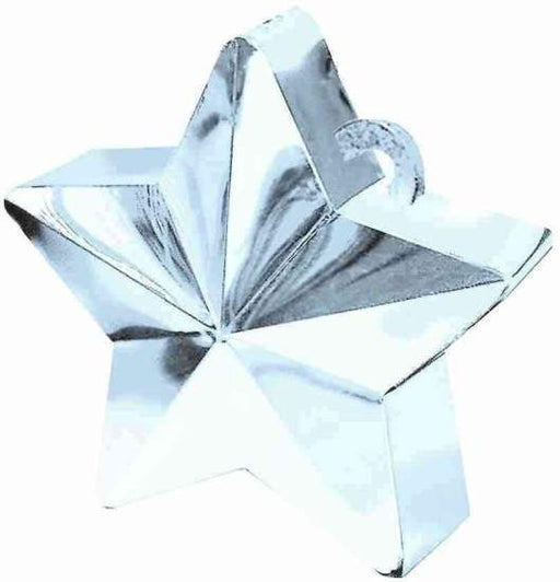 Metallic silver star-shaped balloon weight with a smooth reflective surface and a loop at the top for tying balloons.
