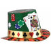 Casino-themed tall hat featuring a green base decorated with images of red dice, colorful poker chips, and playing cards (Ace and Jack). The hat's brim is designed like a roulette wheel with red, black, and gold coloring, and a gold band with red and black card suit symbols (hearts, spades, clubs, diamonds) wraps around the crown.