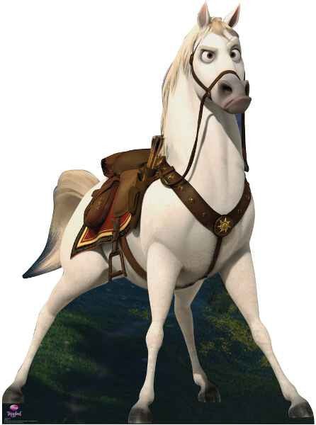 Life-size cardboard cutout of a determined-looking animated white horse with expressive eyebrows, wearing a brown saddle and bridle with gold accents, standing with legs wide apart on a patch of green and dark terrain.