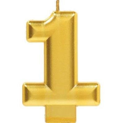 Gold number '1' molded birthday candle with a metallic finish and wick at the top, designed for cakes or celebration decorations.