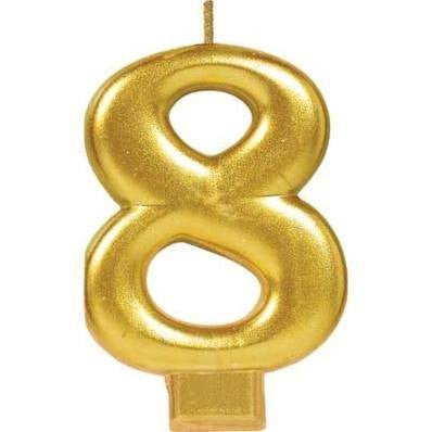 Gold number '8' molded birthday candle with a metallic finish and wick at the top, designed for cakes or celebration decorations.