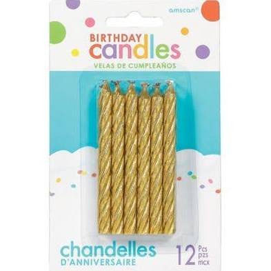 Package of 12 gold spiral birthday candles by Amscan, displayed in clear packaging with colorful design accents.