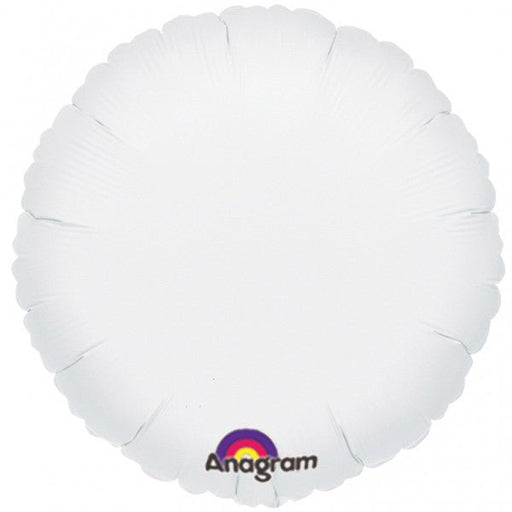 Round white foil balloon with a smooth, glossy finish, tied at the bottom with matching ribbon.
