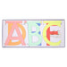 Colorful paper garland with large cutout letters A, B, and C in pink, green, and yellow strung together for decoration.