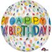 Round foil balloon with a colorful confetti design featuring the words 'HAPPY BIRTHDAY' in large, bold multicolored letters, branded with Anagram logo at the bottom.