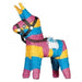 A colorful donkey piñata with layered stripes of blue, yellow, and magenta, featuring a black bridle and white tassel tail.