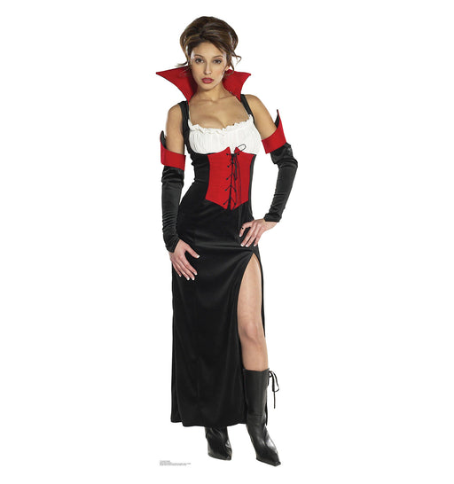 Cardboard cutout of a woman dressed in a vampire-themed costume, featuring a black and red dress with a high slit, white bust detail, dramatic red stand-up collar, black gloves, and black boots.