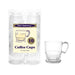 Package of Party Essentials Clear Plastic Coffee Cups, 10-count pack of 8 oz disposable cups with handles, shown with one cup displayed outside the packaging.