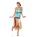 Cardboard cutout of a smiling woman in a 1920s flapper-style costume, featuring a teal satin sleeveless top, cream high-low skirt, red sash, beige heels, and a decorative headband with feather detail.