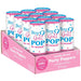 Pink cardboard display box holding twelve white cylindrical party poppers with colorful polka dots, blue labels, and text reading "party poppers" in pink and blue lettering.