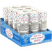 Blue cardboard display box holding twelve white cylindrical party poppers with colorful polka dots, blue labels, and text reading "party poppers" in pink and blue lettering.
