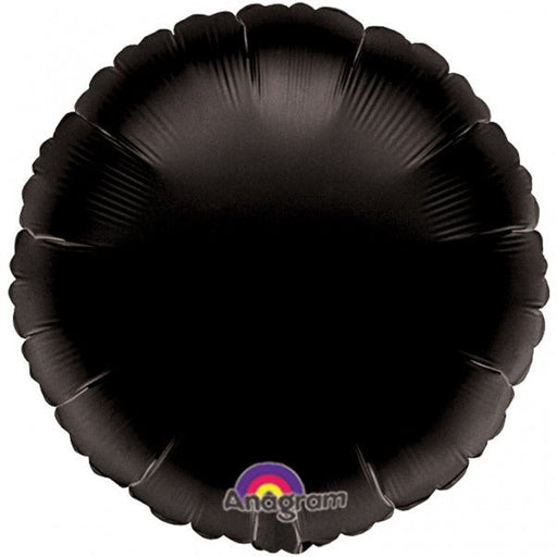 Round black foil balloon with a smooth, glossy finish, tied at the bottom with matching ribbon.