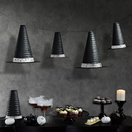 Halloween Black & White Witch Hat Paper Lantern Garland Kit, 59in | 5ct - Zurchers