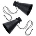 Pair of black plastic director-style megaphones with embossed words 'ACTION!' and 'CUT!' on the sides. Each megaphone has a matching black cord for wearing around the neck.
