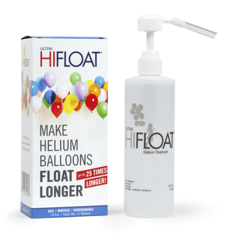 Ultra Hi-Float balloon treatment kit showing a pump bottle and a retail box. The box is decorated with colorful balloons in red, yellow, green, blue, purple, white, and orange. Text on the box reads: 'Make Helium Balloons Float Longer – Up to 25 Times Longer!' with safety and usage info printed along the bottom edge.