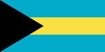 Flag of the Bahamas with three horizontal stripes of aquamarine, yellow, and aquamarine from top to bottom, and a black triangle on the left side pointing to the right.