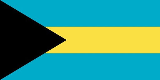 Flag of the Bahamas with three horizontal stripes of aquamarine, yellow, and aquamarine from top to bottom, and a black triangle on the left side pointing to the right.