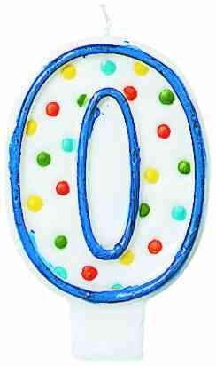 White number 0 birthday candle with a blue outline and multicolored polka dots in red, green, yellow, and blue.