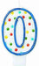 White number 0 birthday candle with a blue outline and multicolored polka dots in red, green, yellow, and blue.