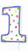 White number 1 birthday candle with a blue outline and multicolored polka dots in green, pink, red, yellow, and orange.
