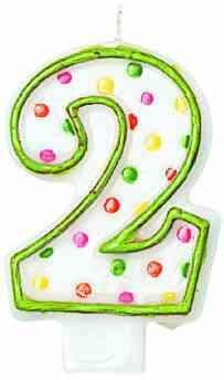 White number 2 birthday candle with a green outline and multicolored polka dots in pink, red, yellow, and green.