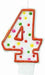  White number 4 birthday candle with a red-orange outline and multicolored polka dots in green, yellow, pink, and orange.