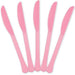 Five new pink plastic knives arranged in a fan shape on a white background.