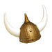 Plastic costume helmet styled to resemble a Viking helmet, featuring a metallic gold finish with molded rivet details and a pointed top. Two large curved white horns extend from each side of the helmet.