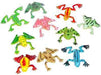 Set of ten colorful plastic frogs in various poses, featuring bright patterns like green with spots, red with yellow markings, blue with black stripes, pink with polka dots, and mint green with zebra-like stripes. Each frog has outstretched limbs and unique detailing for a playful, animated look.
