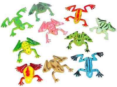 Set of ten colorful plastic frogs in various poses, featuring bright patterns like green with spots, red with yellow markings, blue with black stripes, pink with polka dots, and mint green with zebra-like stripes. Each frog has outstretched limbs and unique detailing for a playful, animated look.