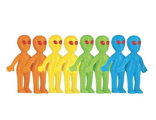Set of small alien figurines in assorted colors. The figures have large red eyes and come in orange, yellow, green, and blue variations, standing in a row.
