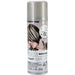 Aerosol can of silver hair spray with a bright silver cap and label – features an image of a model with streaked silver highlights in dark hair, labeled 'Silver Hair Spray' in bold black and silver text – temporary color, 3 oz can, perfect for costumes, team spirit, parties, and themed events. 